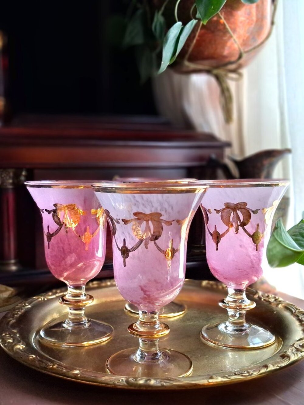 4 Arte Italica Interglass Rialto Borghese Pink Alabaster Wine Glasses 24K Gold